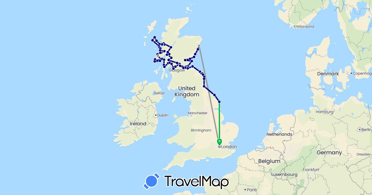 TravelMap itinerary: driving, bus, plane in United Kingdom (Europe)